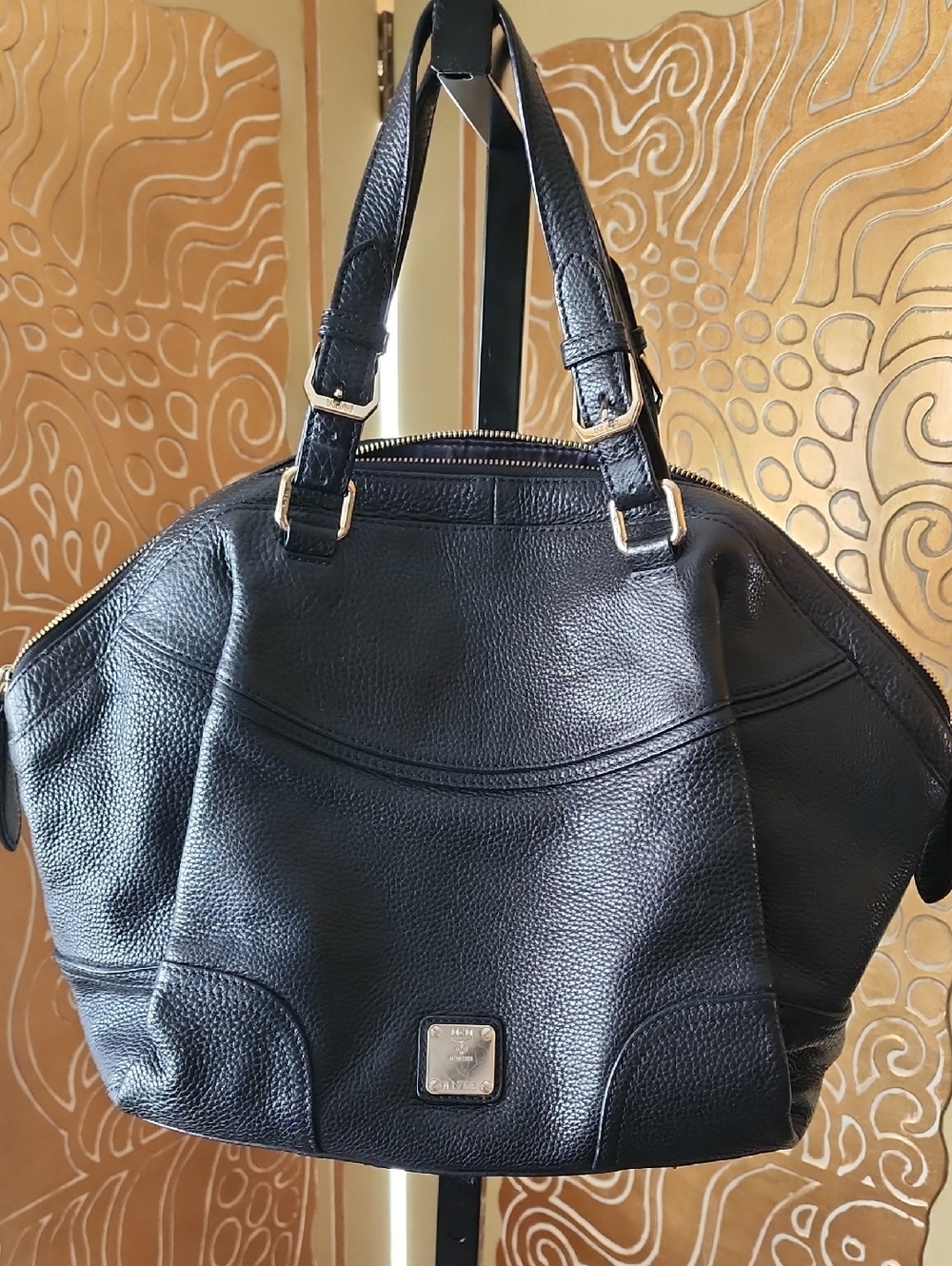 MCM Black Pebbled Leather Tote with Gold Hardware